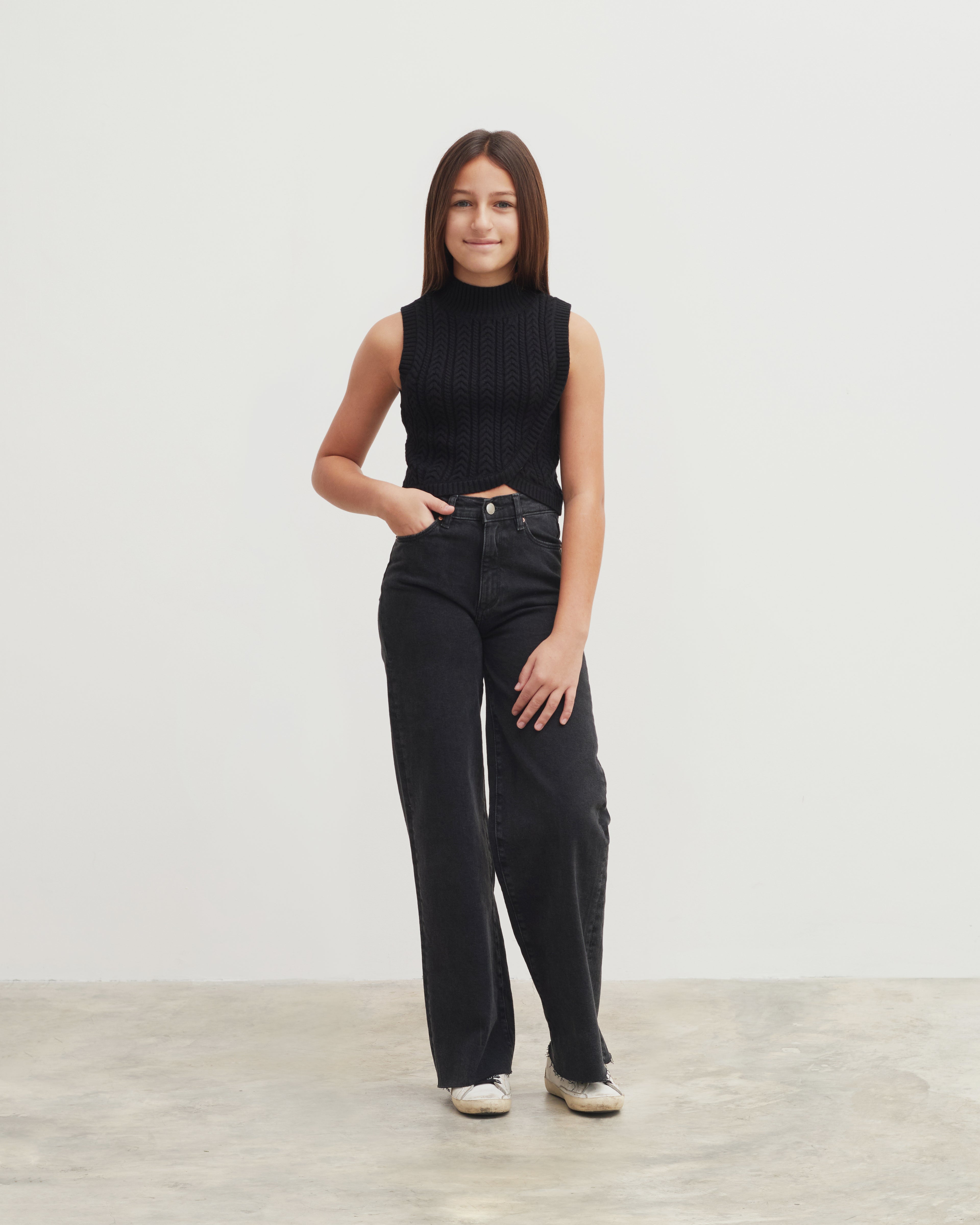 Cable Knit Sleeveless Mockneck - Black